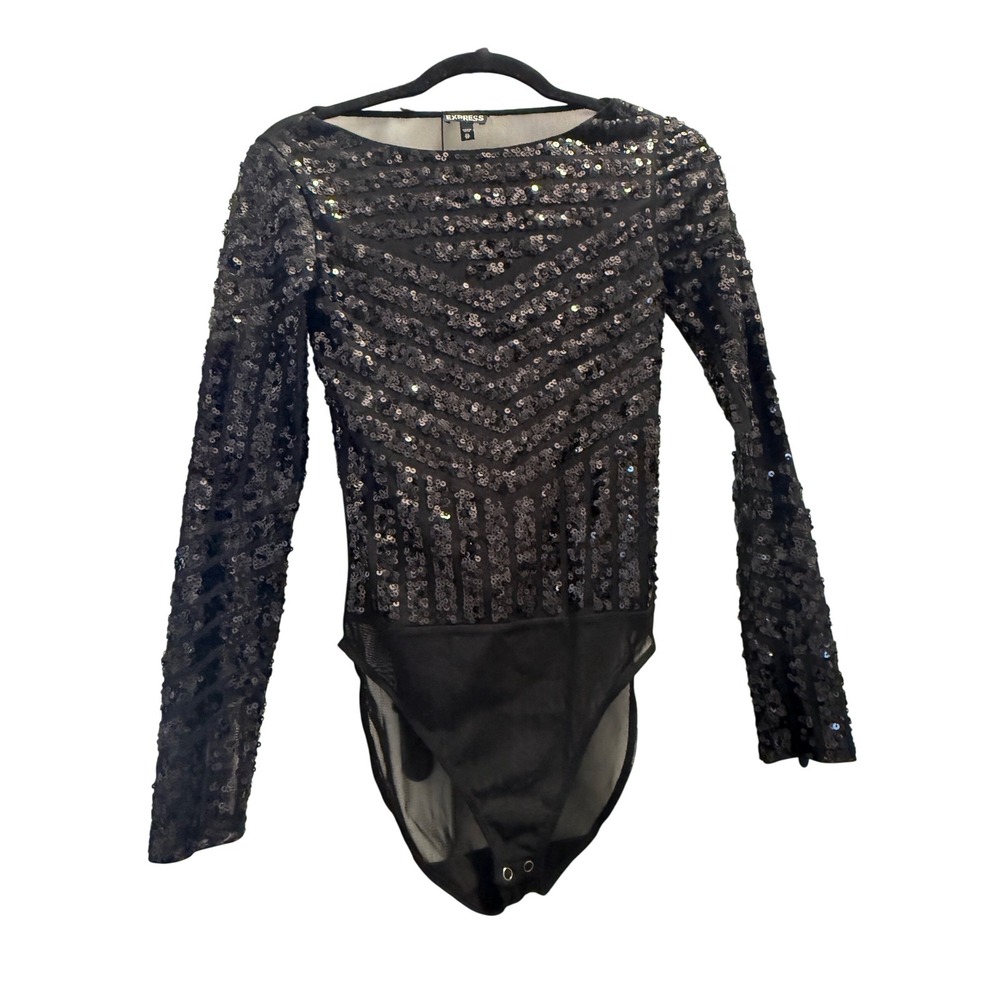 Express Womens XS Black Sequin Sheer Back‎ Long Sleeve Snap Bodysuit Chevron